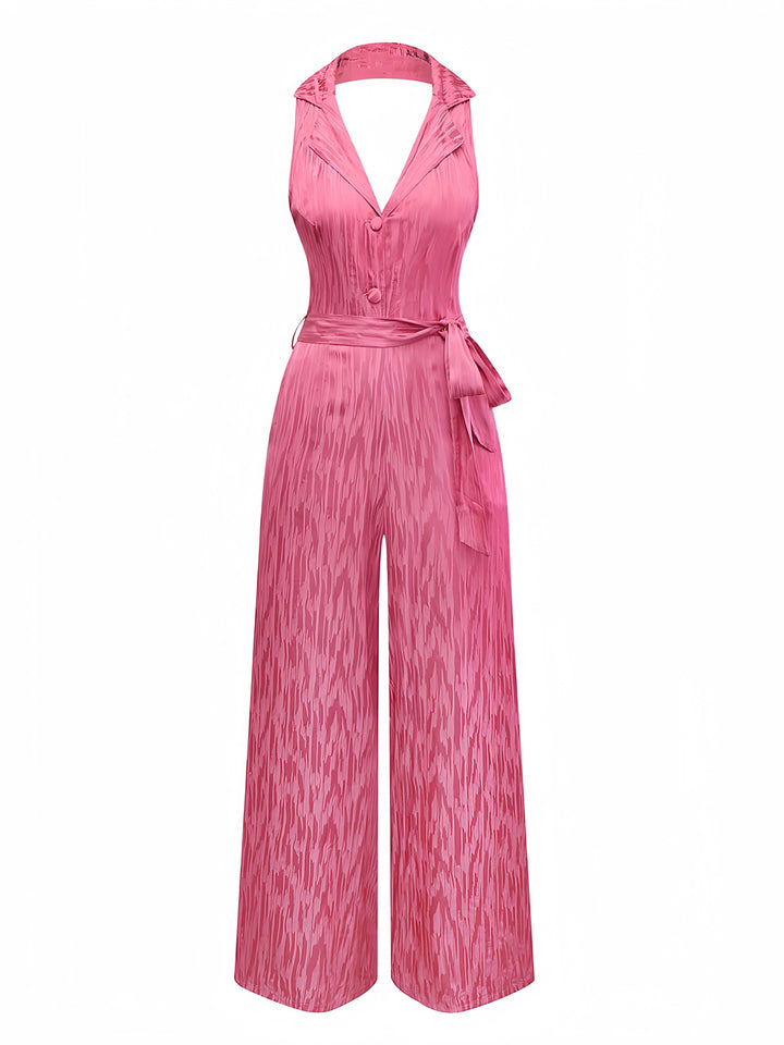Pink 1970s Halter Lapel Satin Jumpsuit - vintage jumpsuit, retro fashion