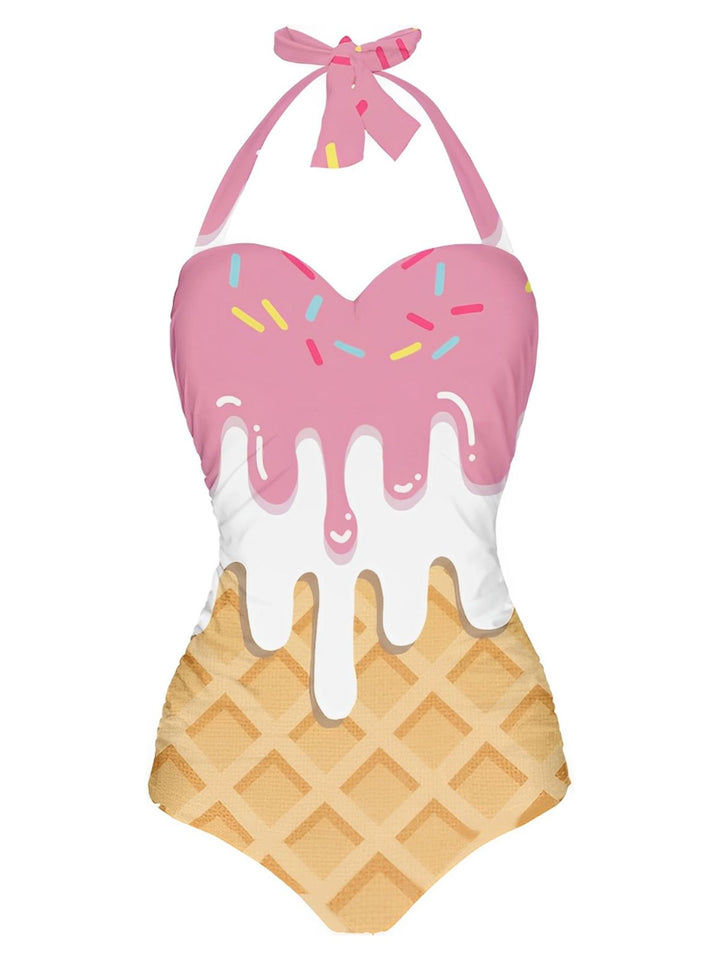 Pink Ice-Cream Halter Swimsuit - vintage swimwear, retro swimsuit, style for vintage lovers