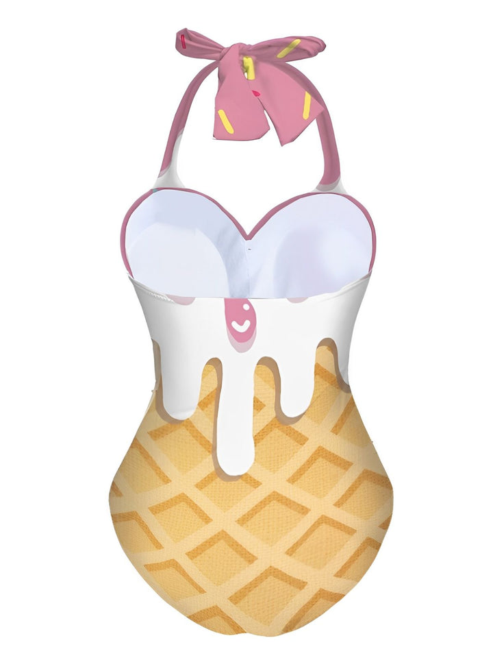Pink Ice-Cream Halter Swimsuit: beautiful vintage swimwear, retro swimsuit, style with timeless appeal
