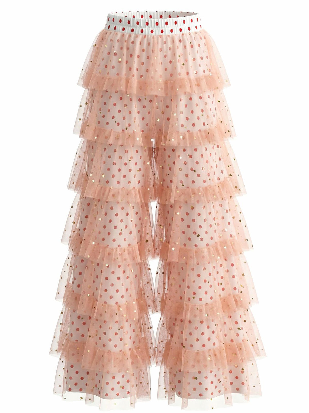 Pink 1970s Polka Dot Tulle Tiered Ruffle Pants - vintage fashion, retro style, classic elegance for vintage lovers