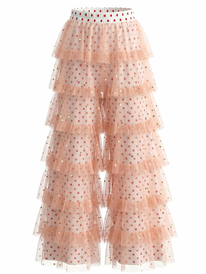 Pink 1970s Polka Dot Tulle Tiered Ruffle Pants - vintage fashion, retro style, classic elegance for vintage lovers