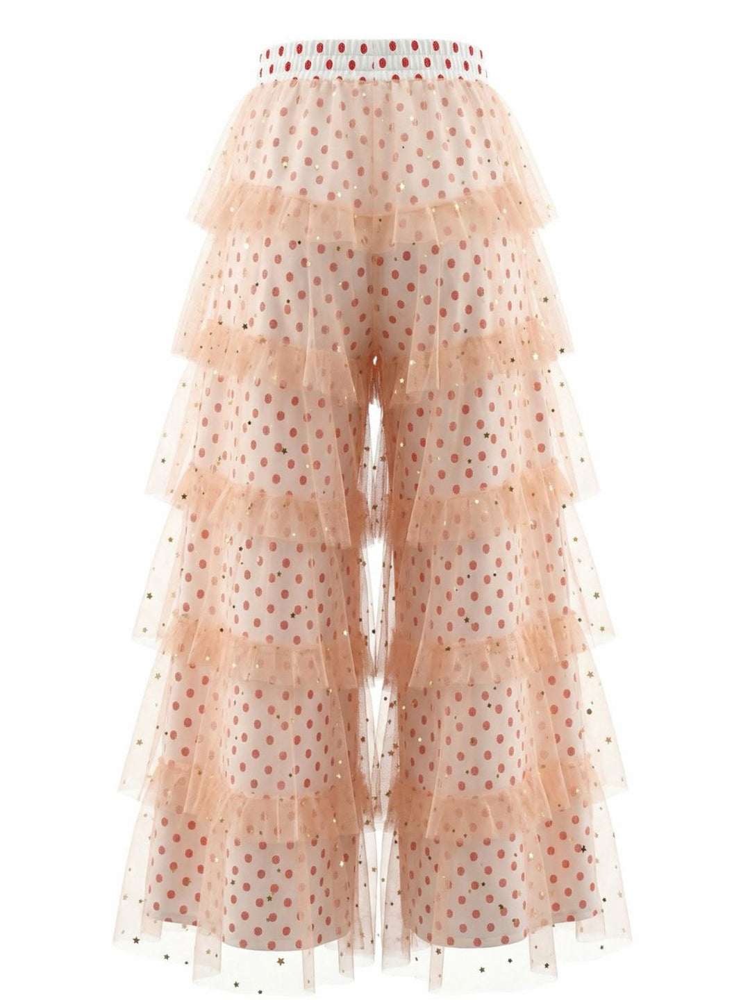 Pink 1970s Polka Dot Tulle Tiered Ruffle Pants: beautiful vintage fashion, retro style, classic elegance with timeless appeal