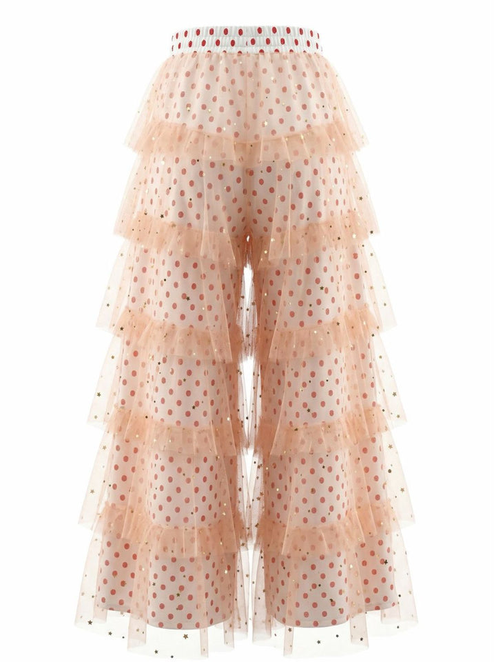 Pink 1970s Polka Dot Tulle Tiered Ruffle Pants: beautiful vintage fashion, retro style, classic elegance with timeless appeal