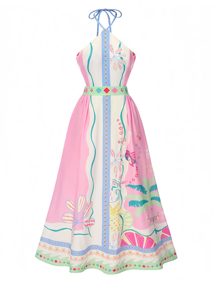 She slips into this Pink 1970s Round Halter Tropical Boho Dress and suddenly it&