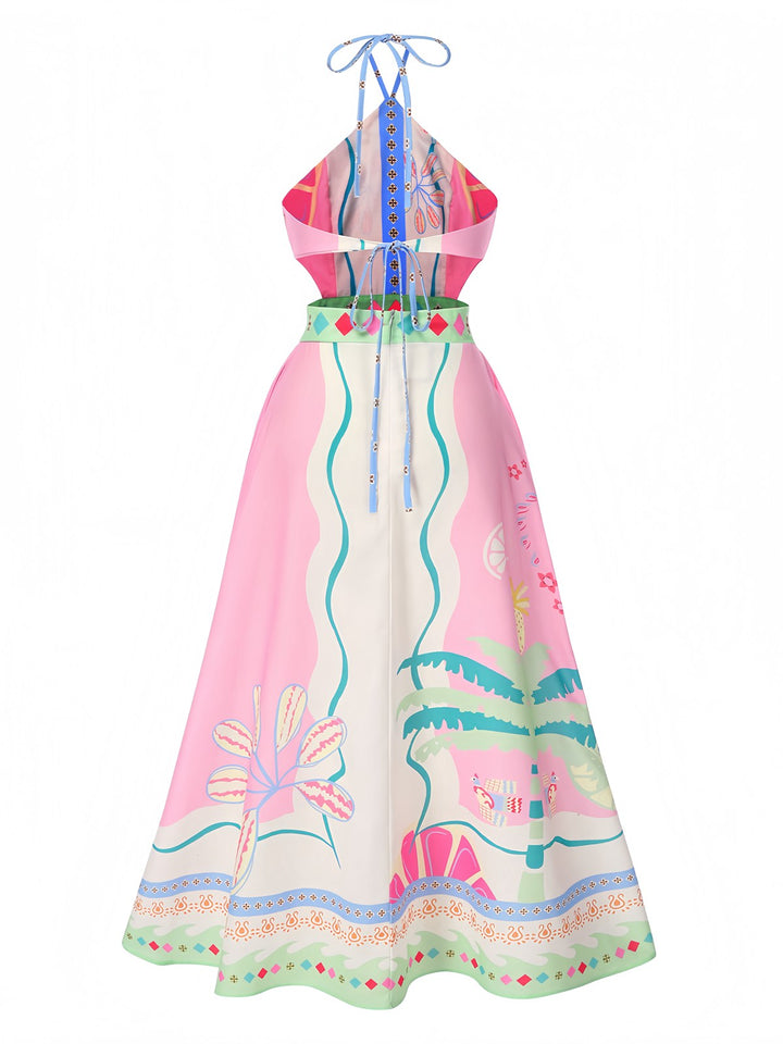 Pink 1970s Round Halter Tropical Boho Dress: where 1970s romance meets her modern spirit