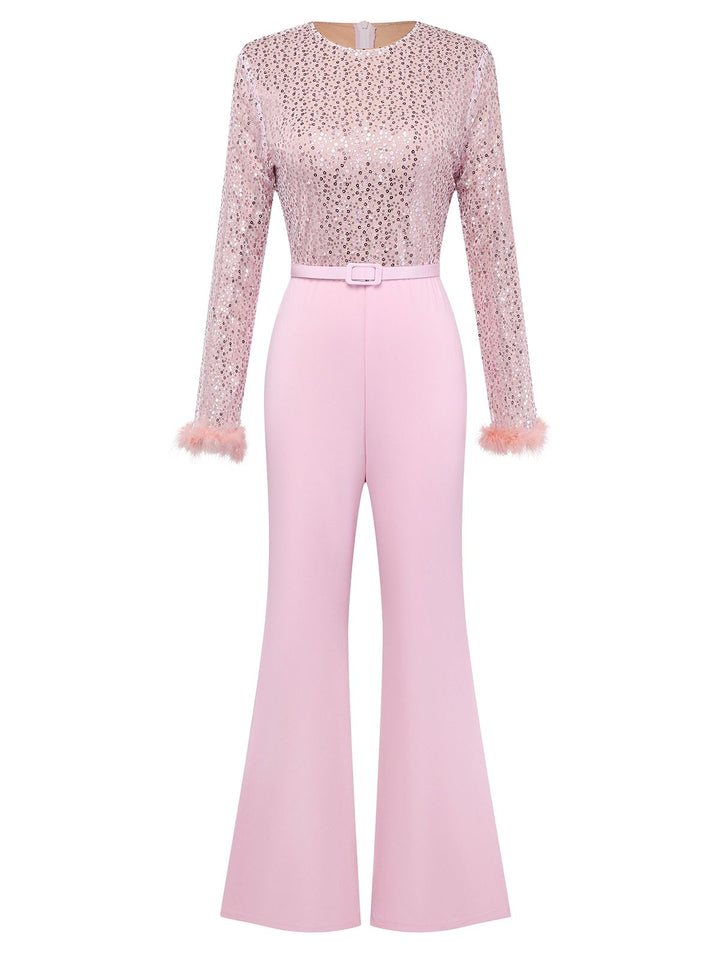 Pink 1970s Sequin Feather -Sleeve Wide-Leg Jumpsuit - vintage jumpsuit, retro fashion