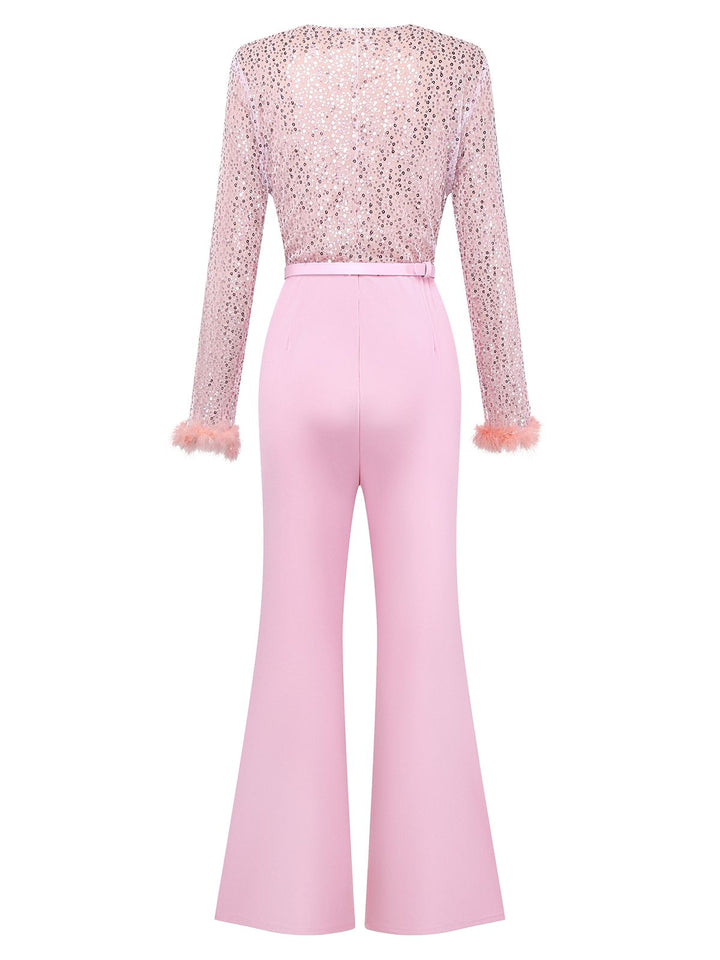 Pink 1970s Sequin Feather -Sleeve Wide-Leg Jumpsuit - vintage jumpsuit, retro fashion
