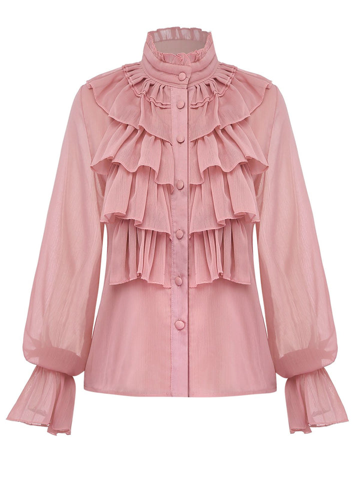 Pink 1980s Chiffon Ruffled High-Neck Blouse - vintage fashion, style