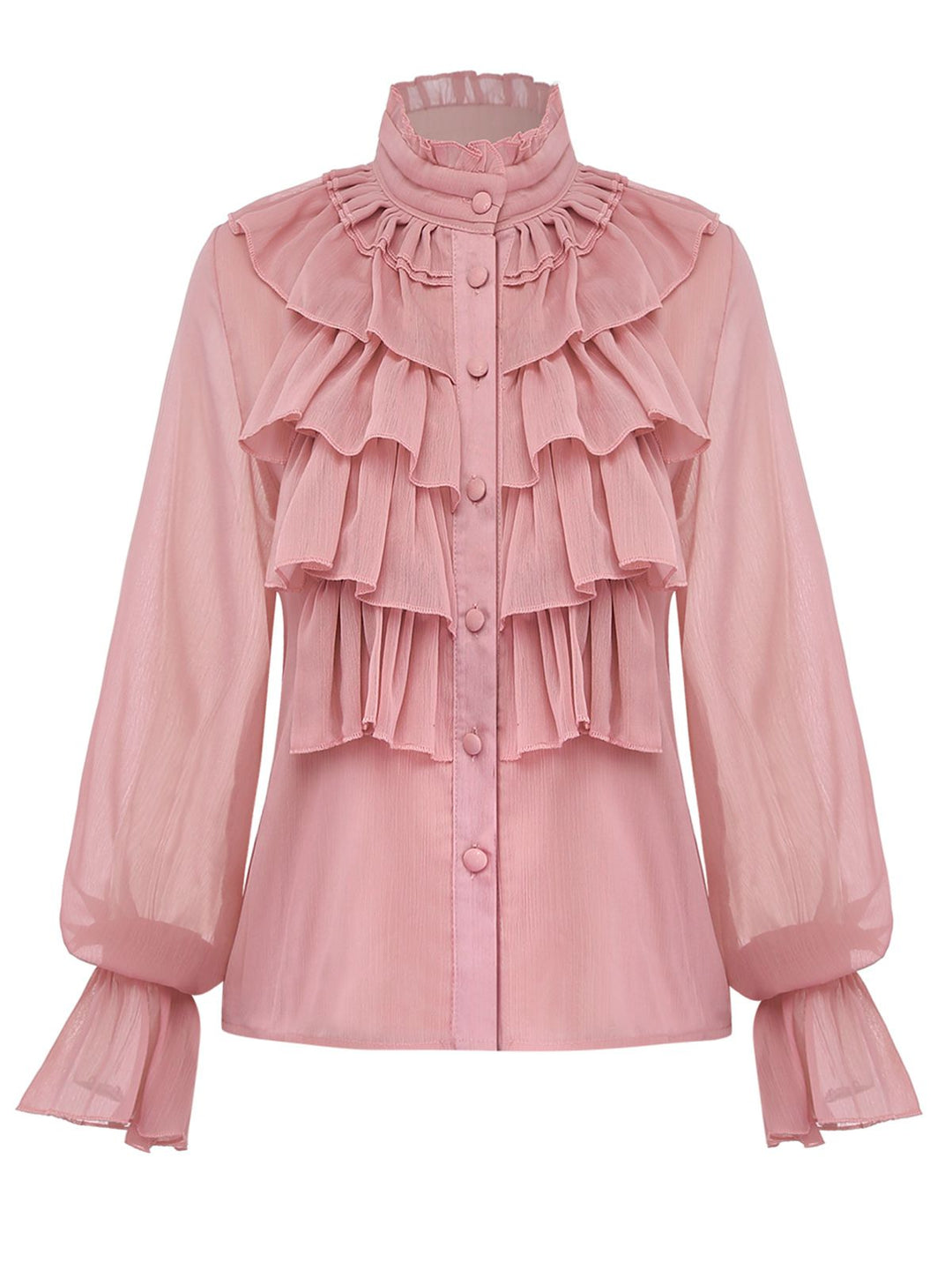 Pink 1980s Chiffon Ruffled High-Neck Blouse - vintage fashion, style