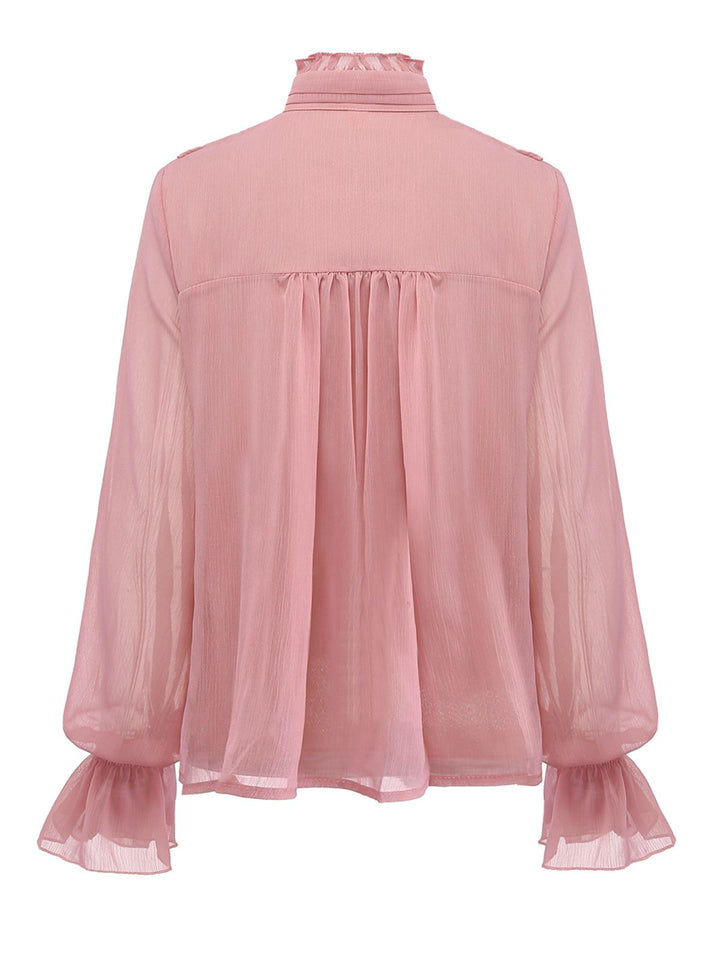 Pink 1980s Chiffon Ruffled High-Neck Blouse - vintage fashion, style