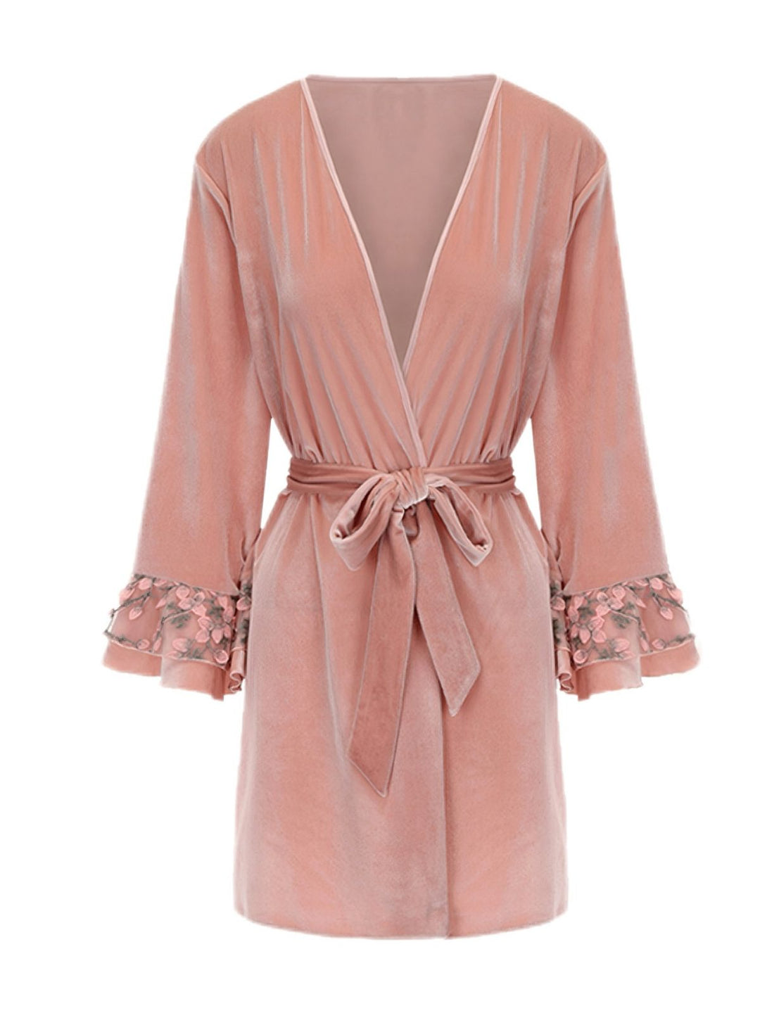 Pink Floral Cuff Velvet Belted Robe - vintage fashion, retro style