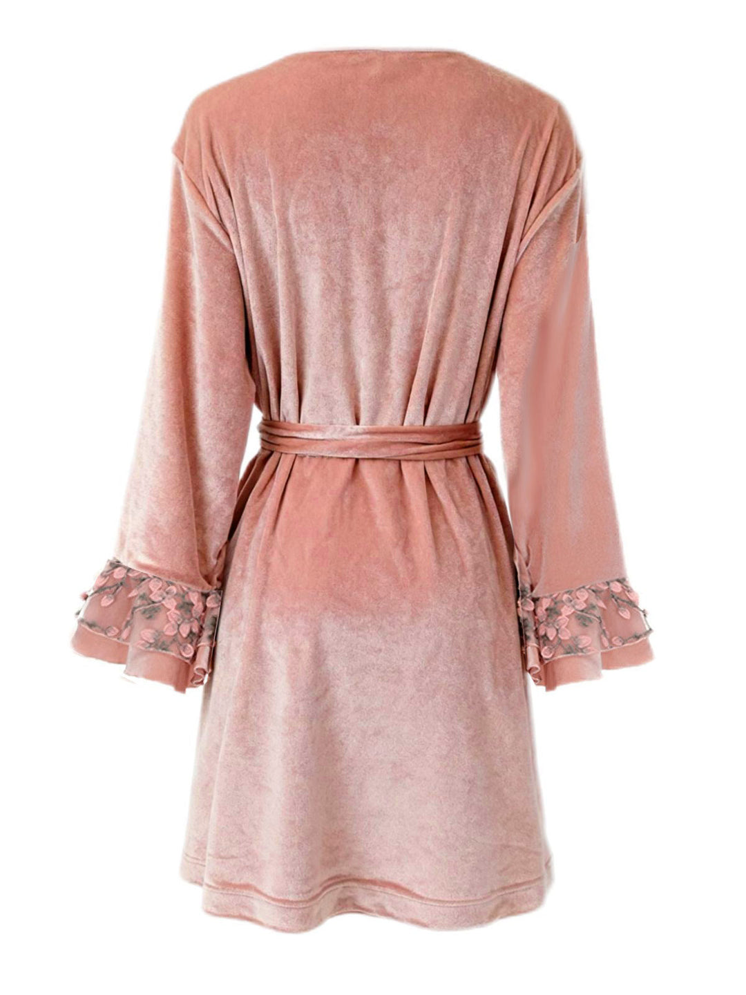 Pink Floral Cuff Velvet Belted Robe - vintage fashion, retro style