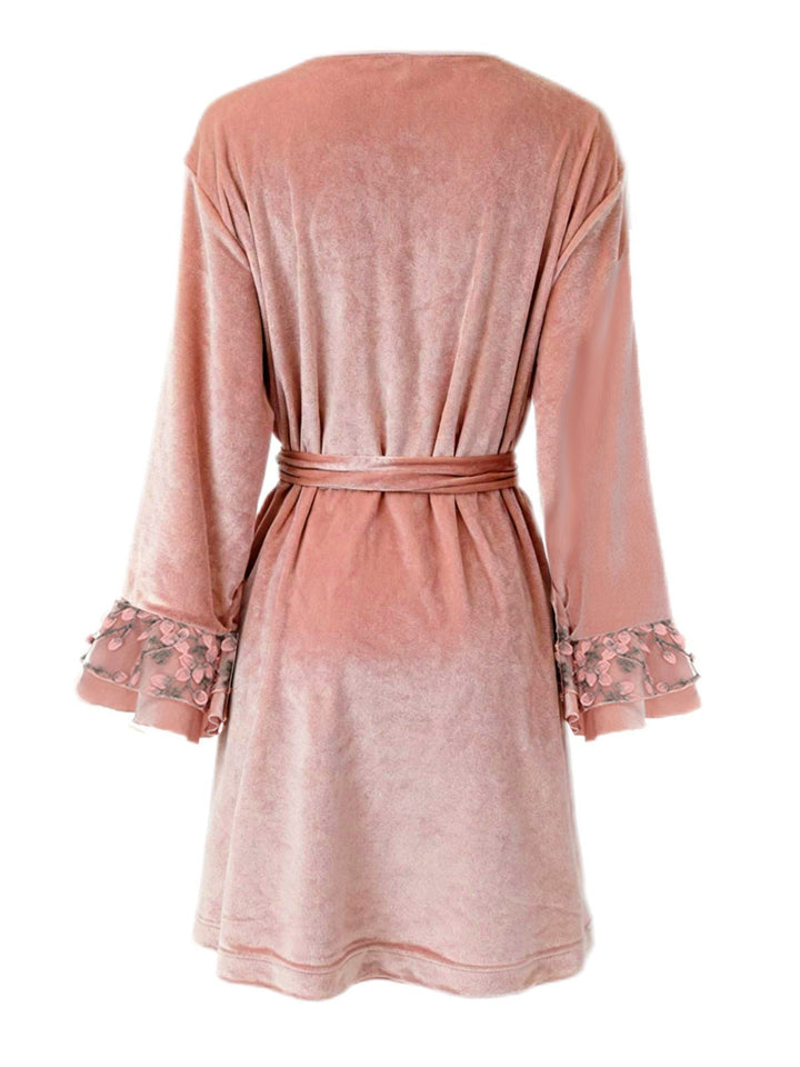 Pink Floral Cuff Velvet Belted Robe - vintage fashion, retro style