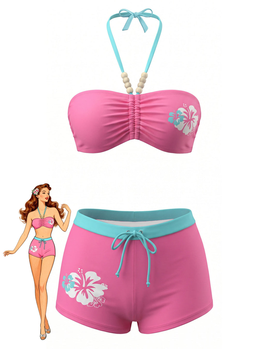 Pink Floral Print Halter Ruched Front Bikini Set, vintage swimsuit, swimwear - perfect for women who love vintage and retro fashion