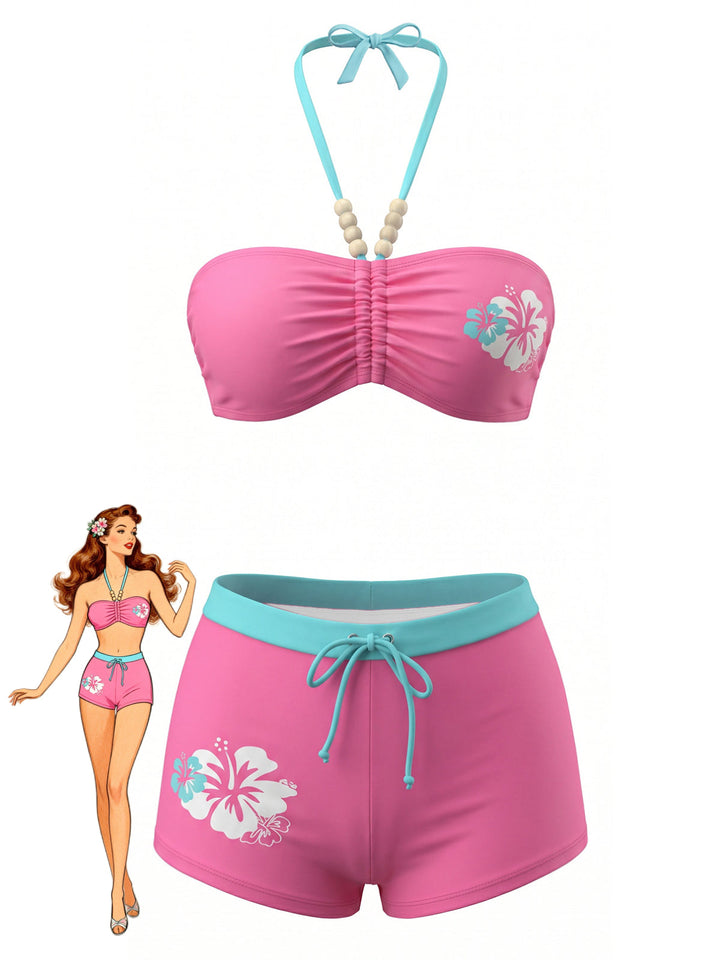 Pink Floral Print Halter Ruched Front Bikini Set, vintage swimsuit, swimwear - perfect for women who love vintage and retro fashion