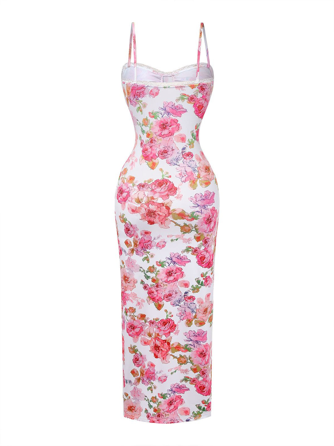 Pink 1980s Floral Print Slip Bodycon Maxi Dress - vintage dress, retro fashion