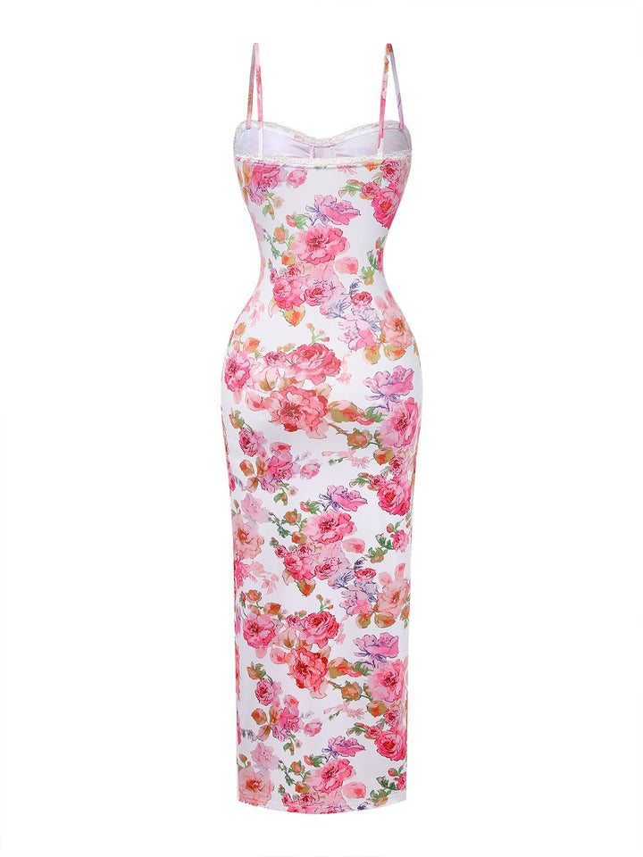 Pink 1980s Floral Print Slip Bodycon Maxi Dress - vintage dress, retro fashion