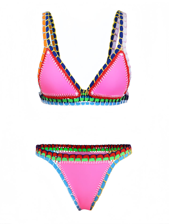 Pink 1980s Knitted Colorful Ribbons Bikini Set: beautiful vintage swimwear, retro swimsuit, pin-up style with timeless appeal