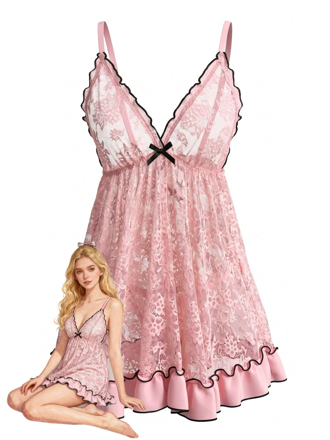 Pink Sheer Lace Ruffle Hem Babydoll Nightgown, vintage fashion, retro style - perfect for women who love vintage and retro fashion
