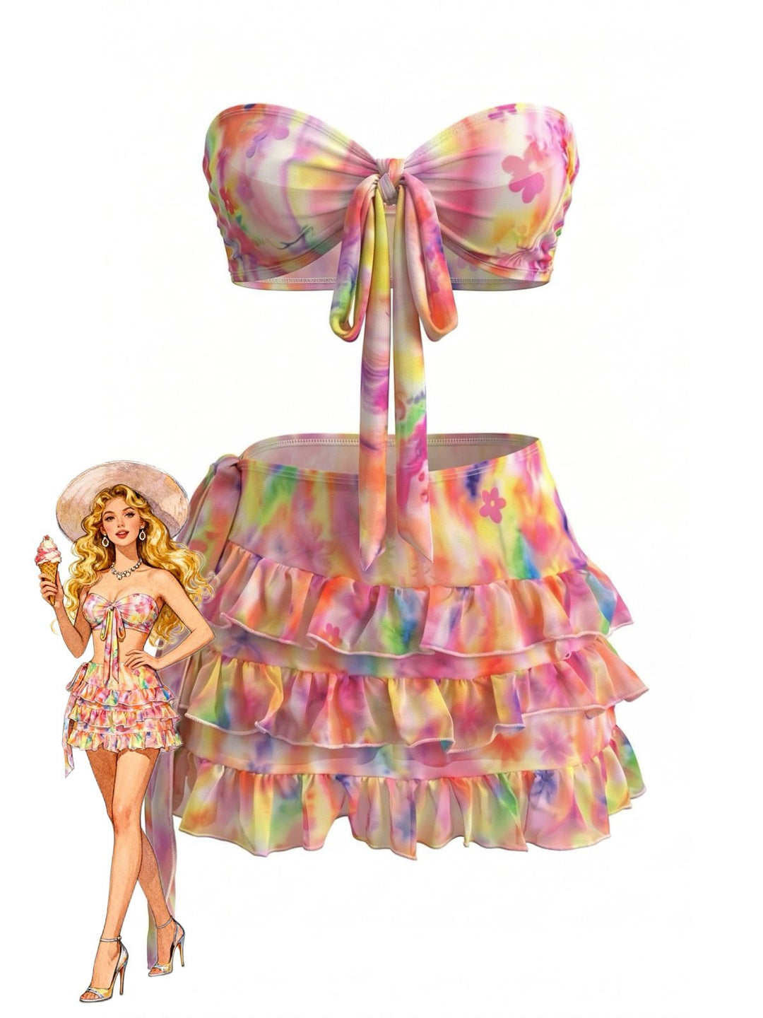 Pink 1980s Tie Dye Floral Bikini Set &amp; Cover-UP - vintage fashion, retro style
