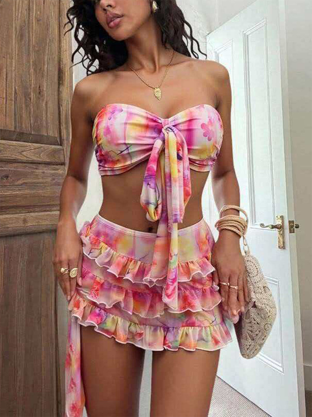 Pink 1980s Tie Dye Floral Bikini Set &amp; Cover-UP - vintage fashion, retro style