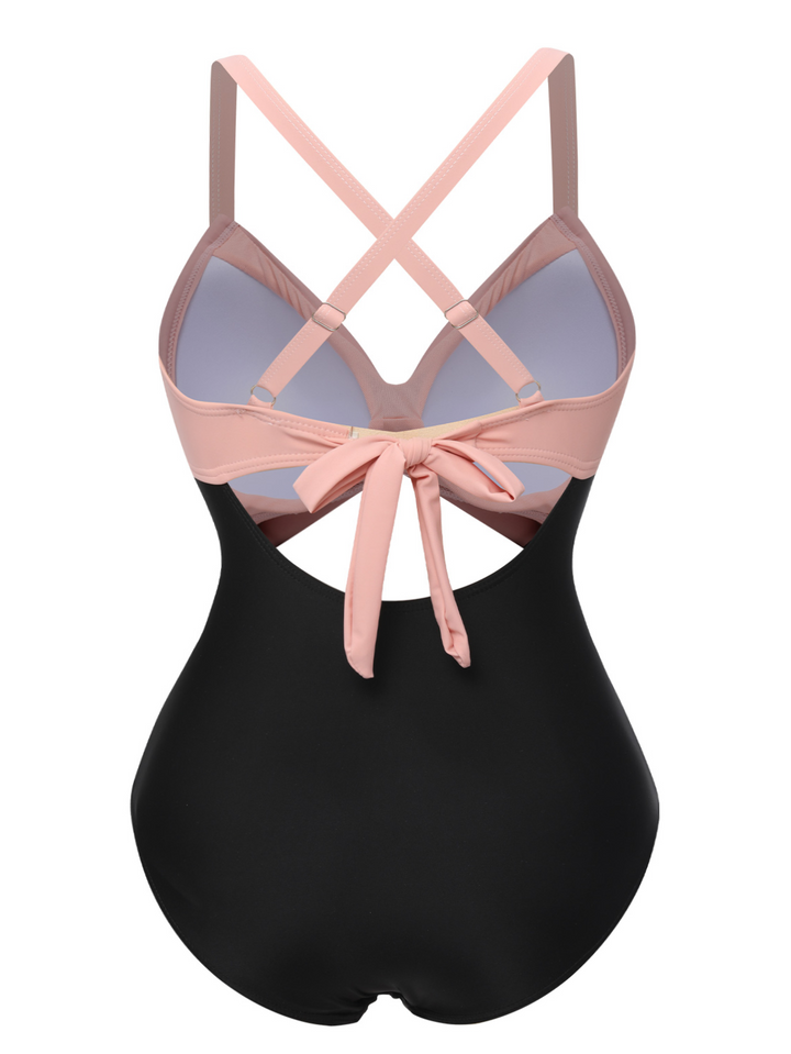 Pink &amp; Black 1940s Hollow Waist Patchwork Swimsuit: 1940s Riviera elegance, reimagined for her