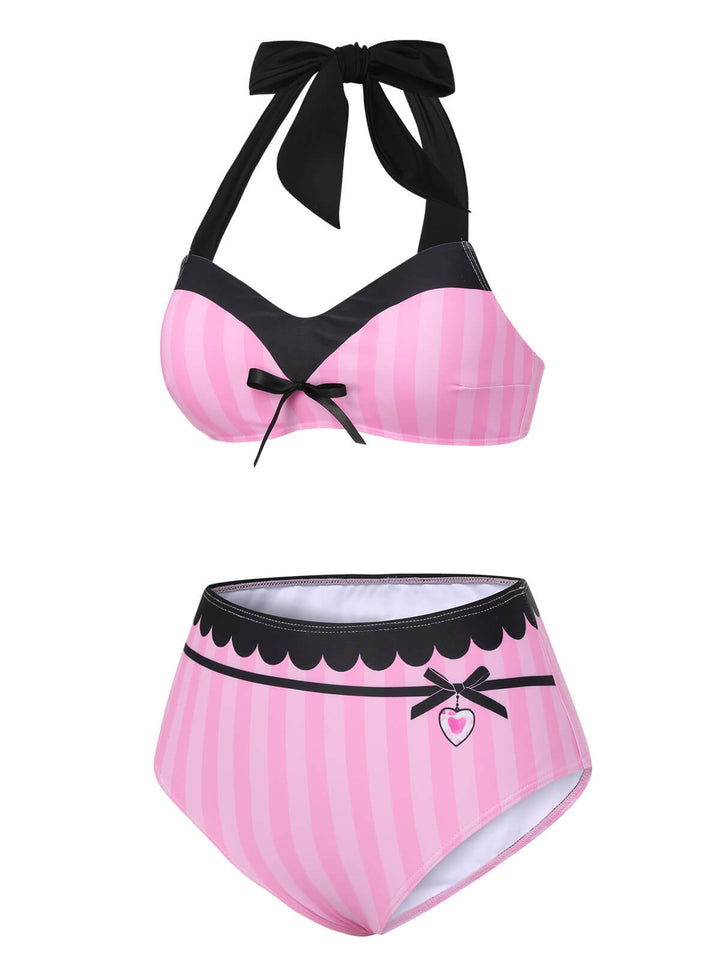 Pink &amp; Black 1950s Stripe Halter Swimsuit, vintage swimsuit, pin-up swimwear - perfect for women who love vintage and retro fashion