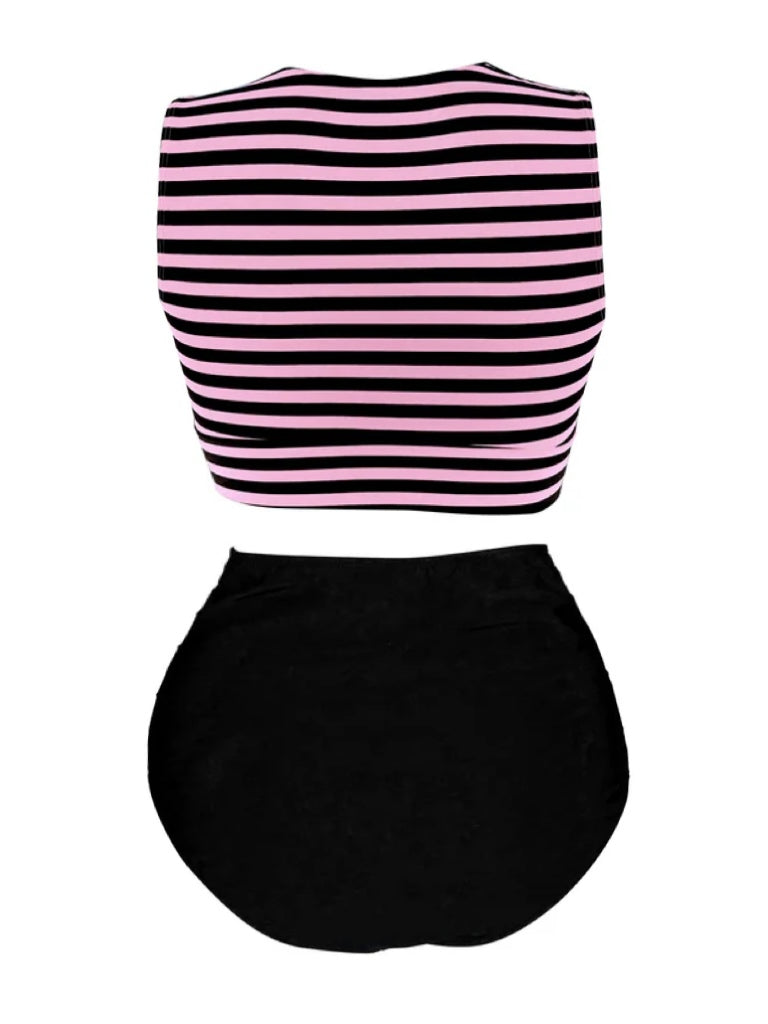 Pink &amp; Black 1970s Striped Waist Tie Patchwork Swimsuit: 1970s Riviera elegance, reimagined for her