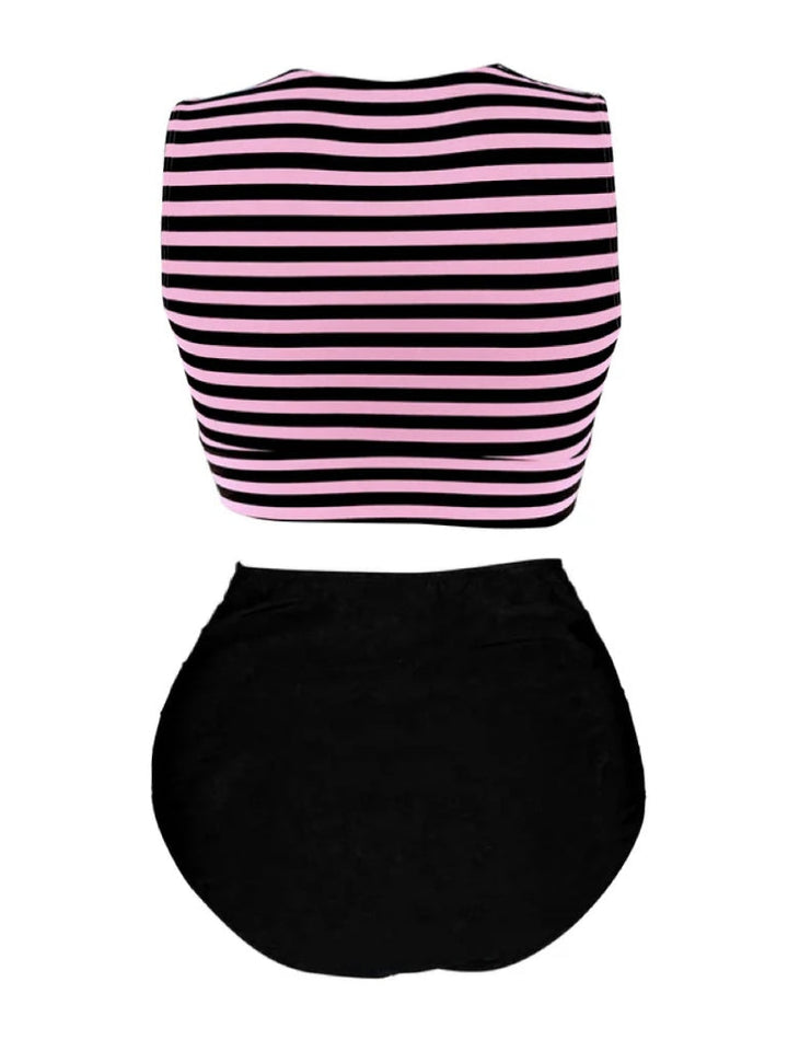 Pink &amp; Black 1970s Striped Waist Tie Patchwork Swimsuit: 1970s Riviera elegance, reimagined for her