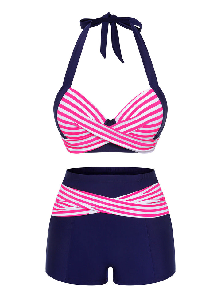 Pink &amp; Blue 1950s Striped Halter Swimsuit — vintage elegance for the modern woman