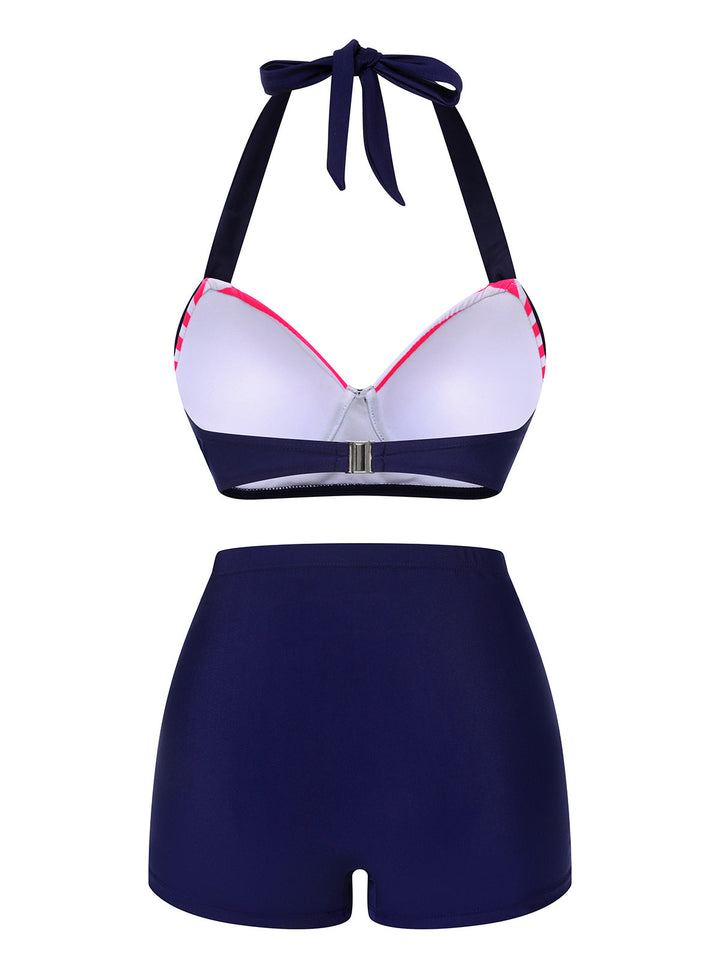 Pink &amp; Blue 1950s Striped Halter Swimsuit — vintage elegance for the modern woman