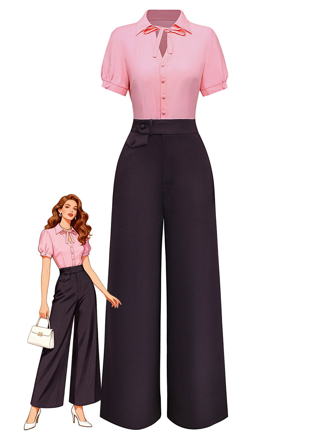 Pink &amp; Gray 1930s Bow Collar Lapel Jumpsuit - vintage jumpsuit, retro fashion