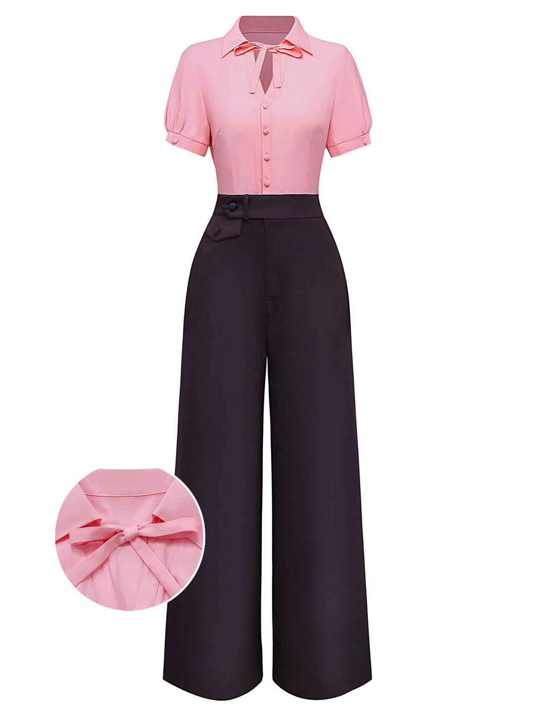 Pink &amp; Gray 1930s Bow Collar Lapel Jumpsuit - vintage jumpsuit, retro fashion