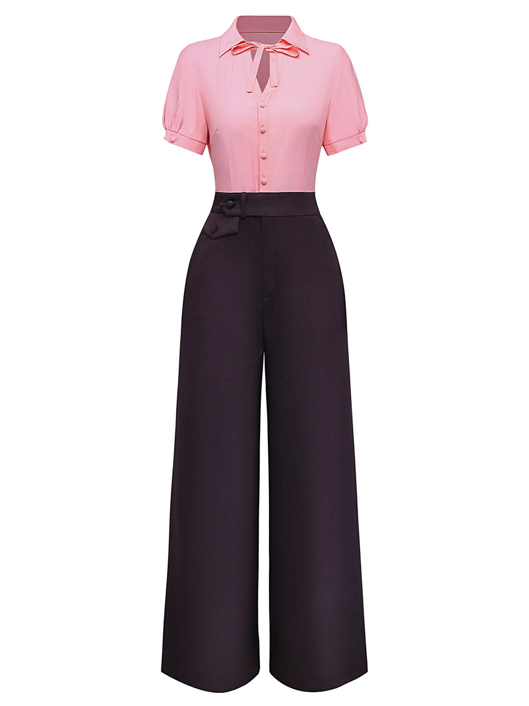 Pink &amp; Gray 1930s Bow Collar Lapel Jumpsuit - vintage jumpsuit, retro fashion