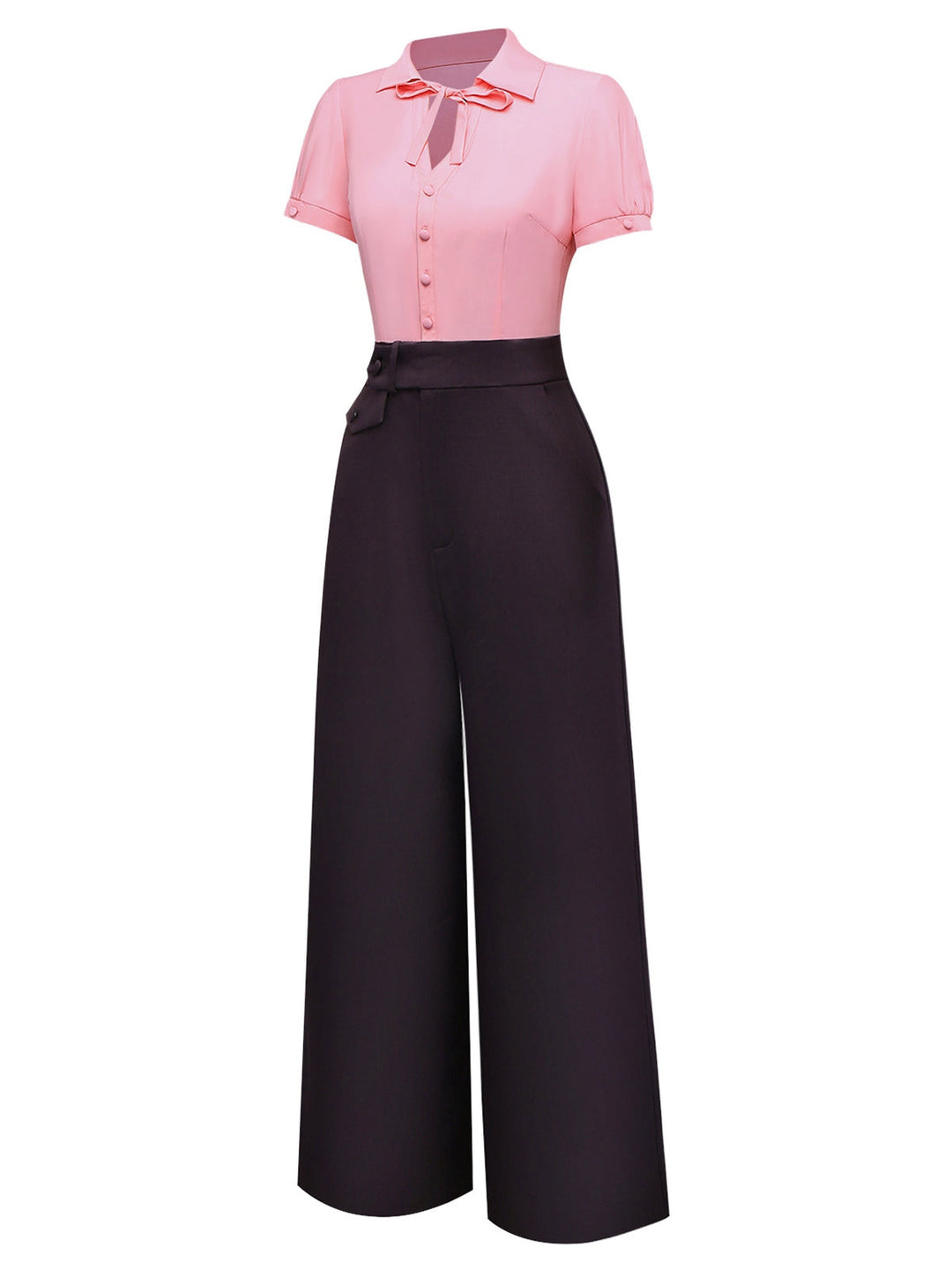 Pink &amp; Gray 1930s Bow Collar Lapel Jumpsuit - vintage jumpsuit, retro fashion