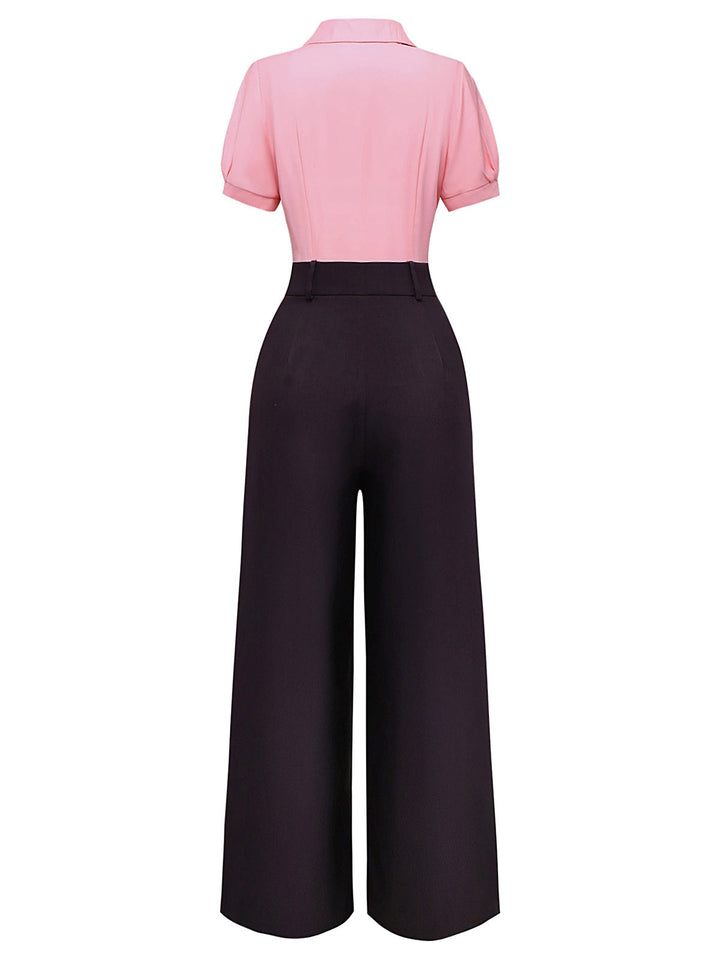 Pink &amp; Gray 1930s Bow Collar Lapel Jumpsuit - vintage jumpsuit, retro fashion
