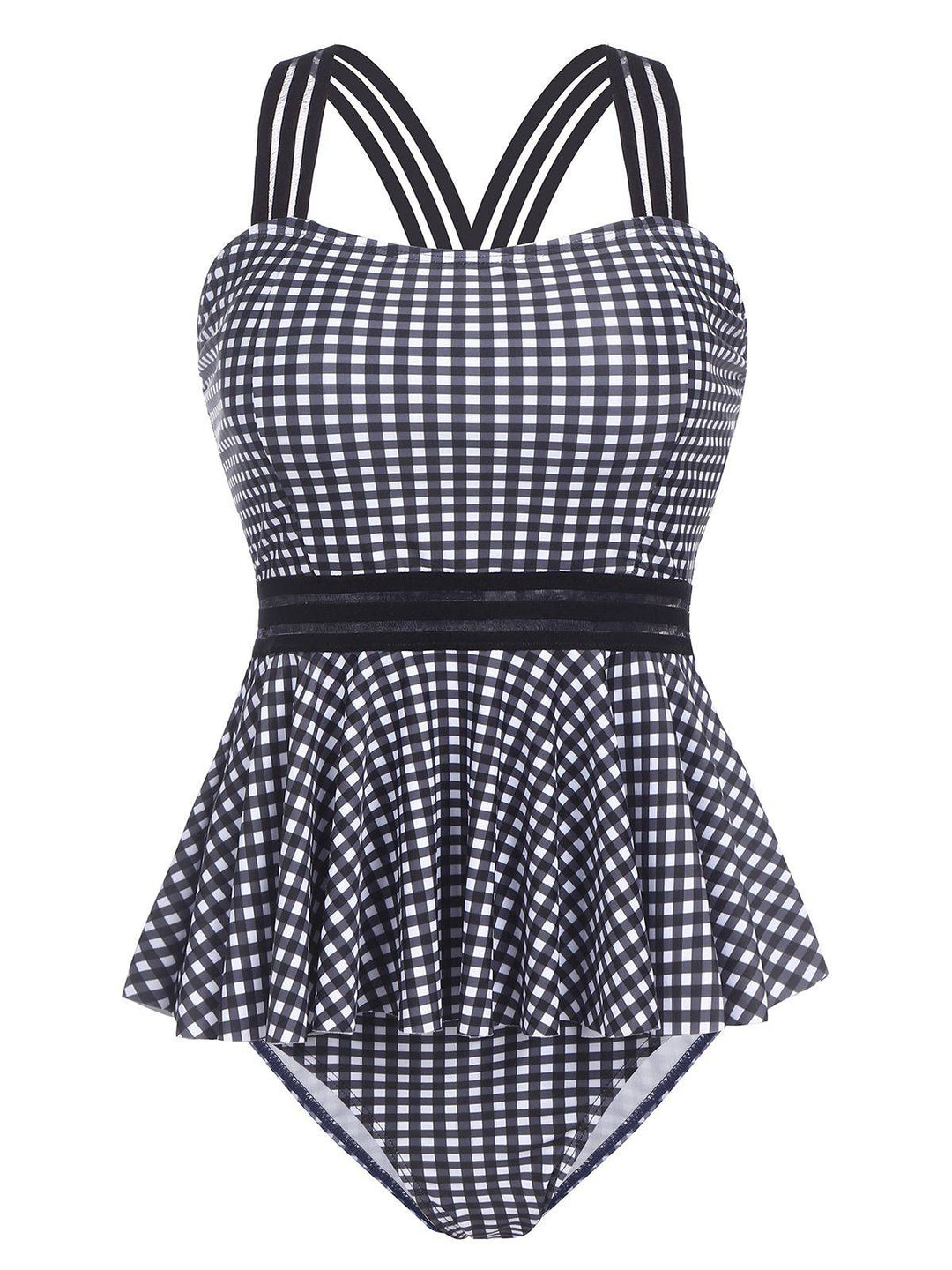 Plaid Ruffle Criss Cross Tankini, classic vintage style elegant retro fashion - Image 1