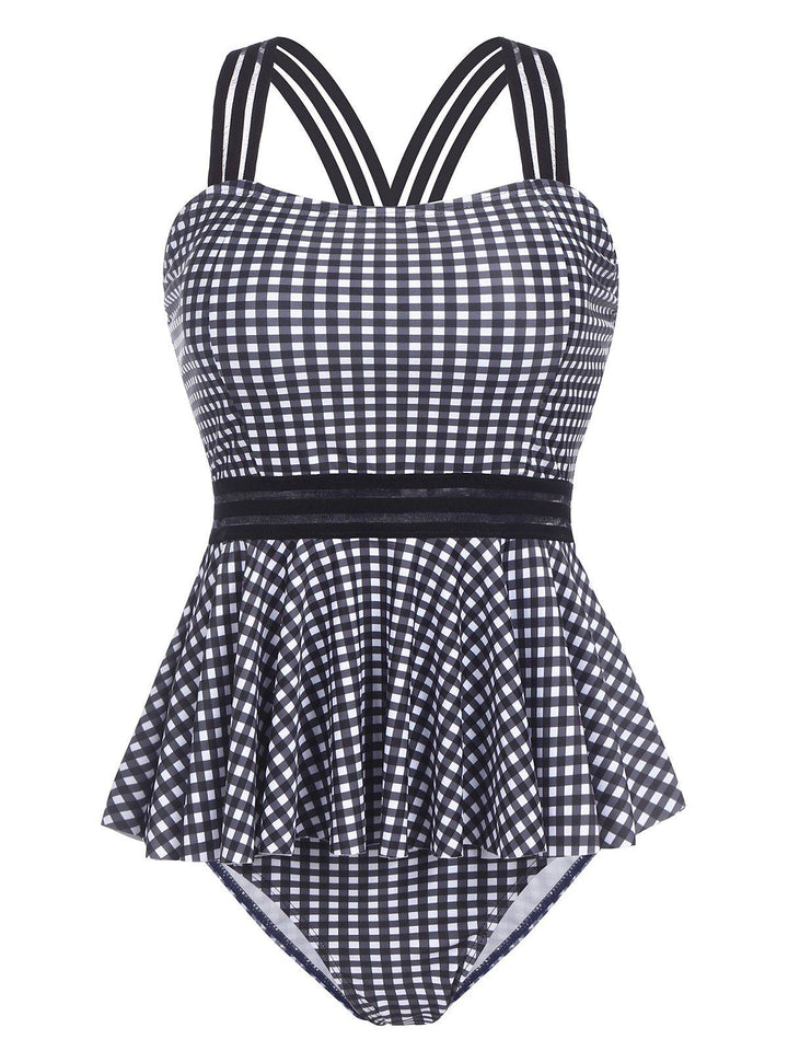 Plaid Ruffle Criss Cross Tankini, classic vintage style elegant retro fashion - Image 1
