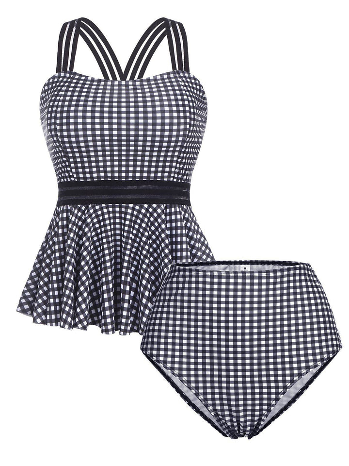 Plaid Ruffle Criss Cross Tankini, classic vintage style elegant retro fashion - Image 2