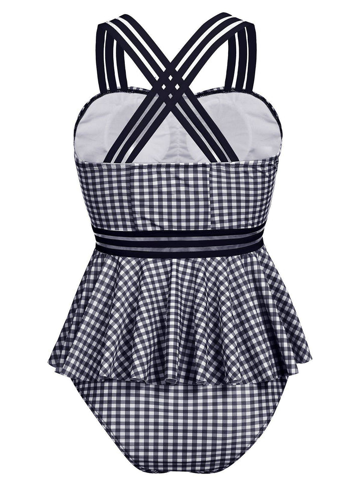 Plaid Ruffle Criss Cross Tankini, classic vintage style elegant retro fashion - Image 3
