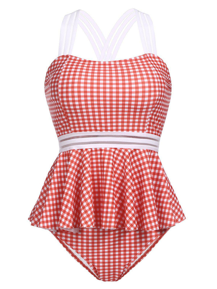 Plaid Ruffle Criss Cross Tankini, classic vintage style elegant retro fashion - Image 6
