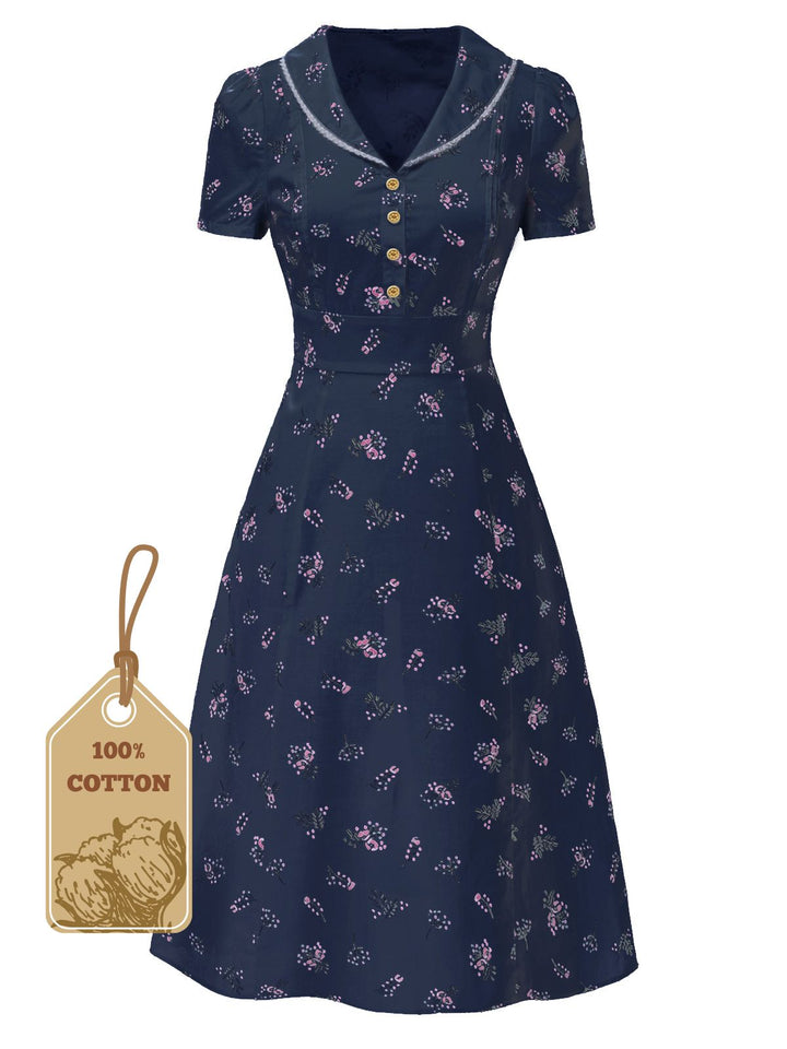 Pure Cotton 1940s Puff Sleeves Floral Dress - vintage dress, retro fashion