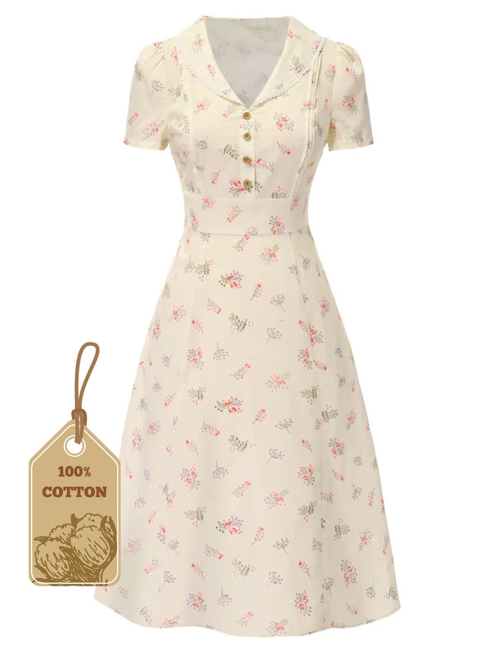 She slips into this Pure Cotton 1940s Puff Sleeves Floral Dress and suddenly it&