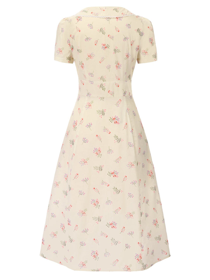 She slips into this Pure Cotton 1940s Puff Sleeves Floral Dress and suddenly it&