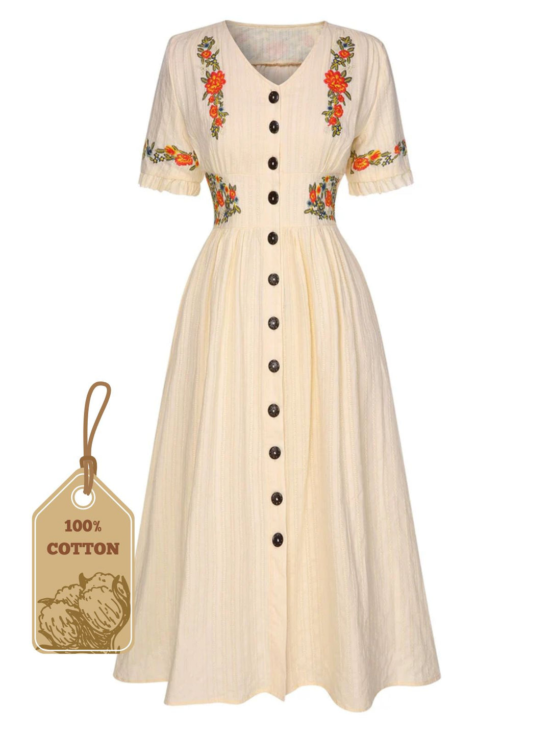 She slips into this Pure Cotton 1940s V-Neck Floral Dress and suddenly it&
