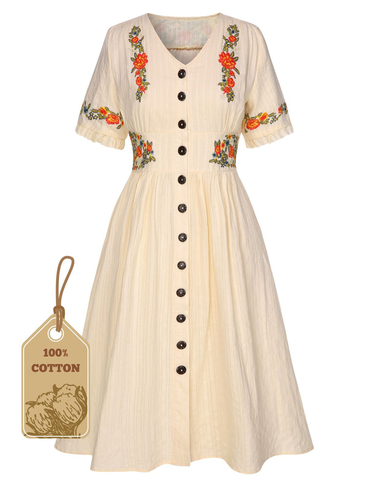 She slips into this Pure Cotton Beige 1940s V-Neck Floral Dress and suddenly it&