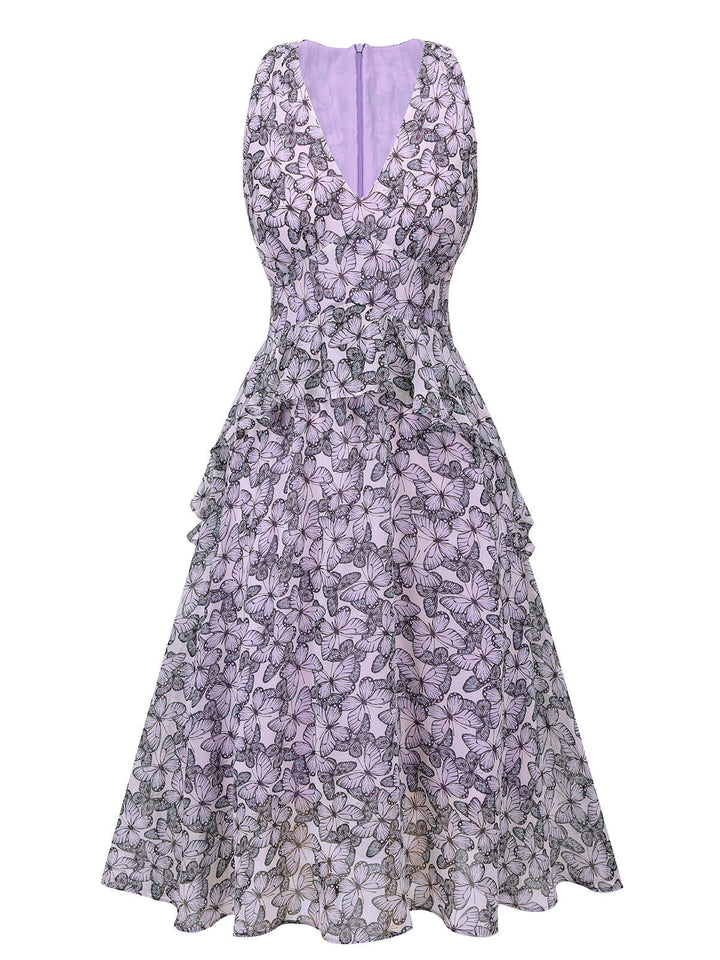 Purple 1930s Butterfly V-Neck Sleeveless Dress, vintage dress, retro fashion - perfect for women who love vintage and retro fashion