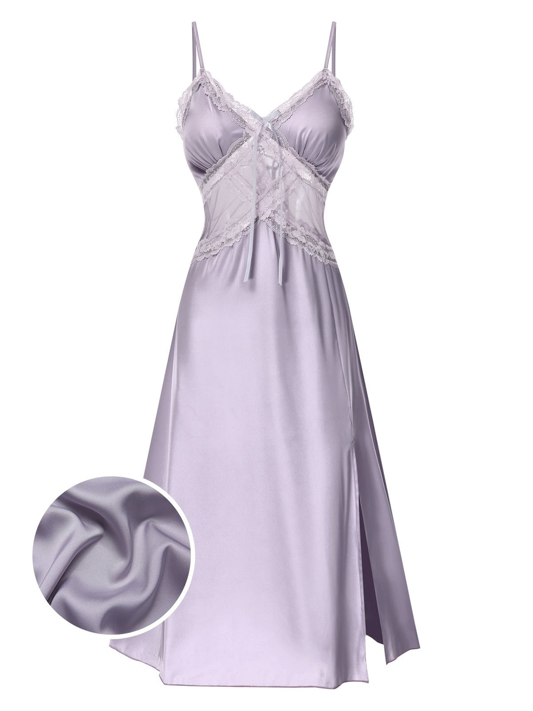 She slips into this Purple Straps Lace Patchwork Satin Nightgown and suddenly it's a daydream
