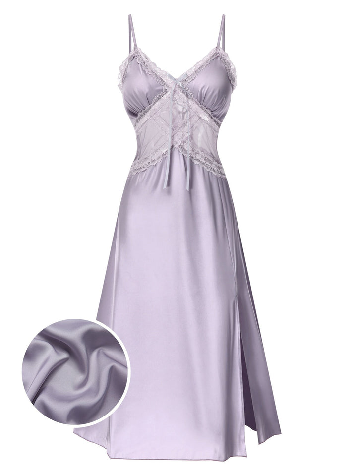 She slips into this Purple Straps Lace Patchwork Satin Nightgown and suddenly it&