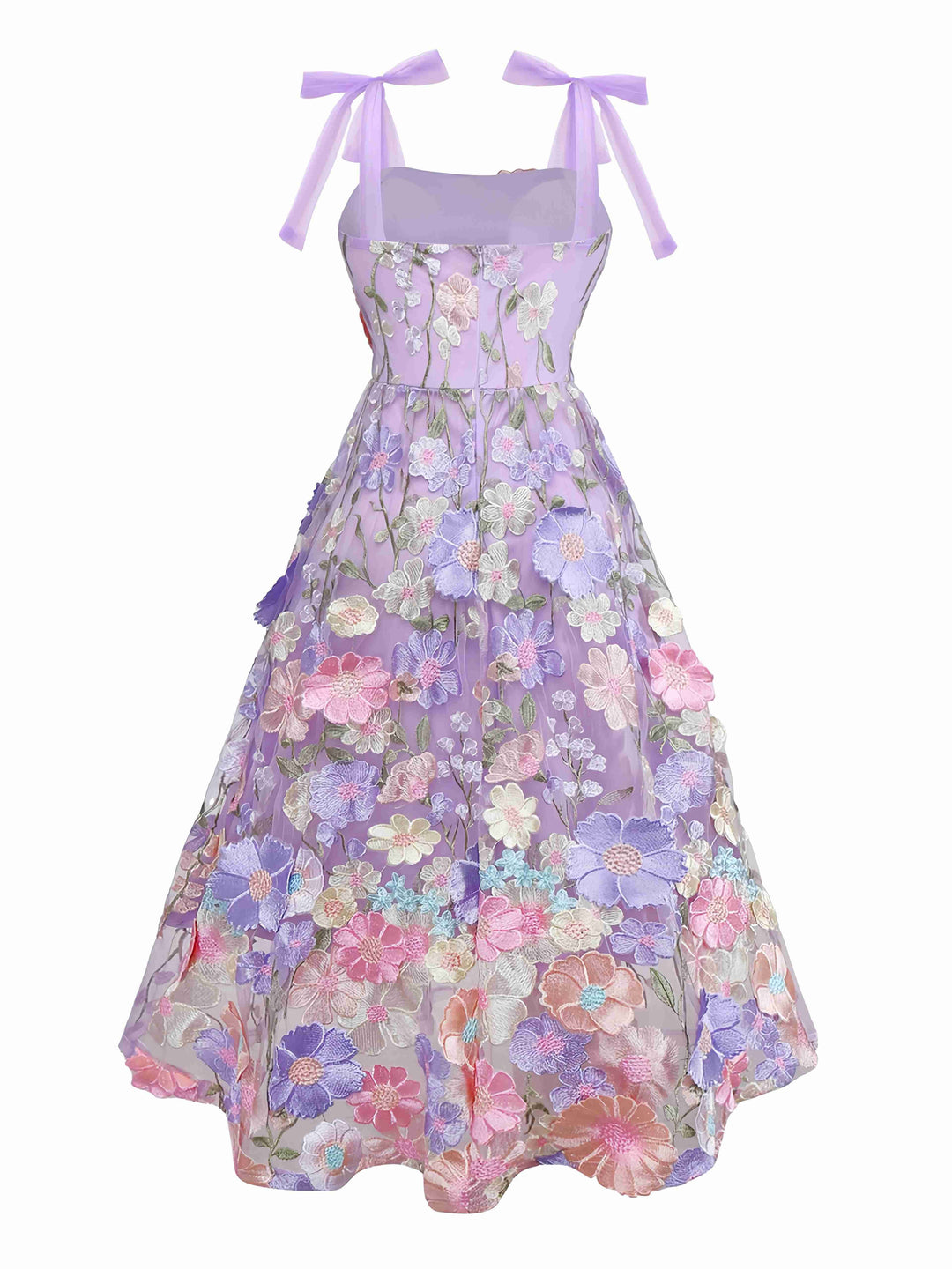 Purple 1940s 3D Floral Bow Strap Mesh Dress - vintage dress, retro fashion